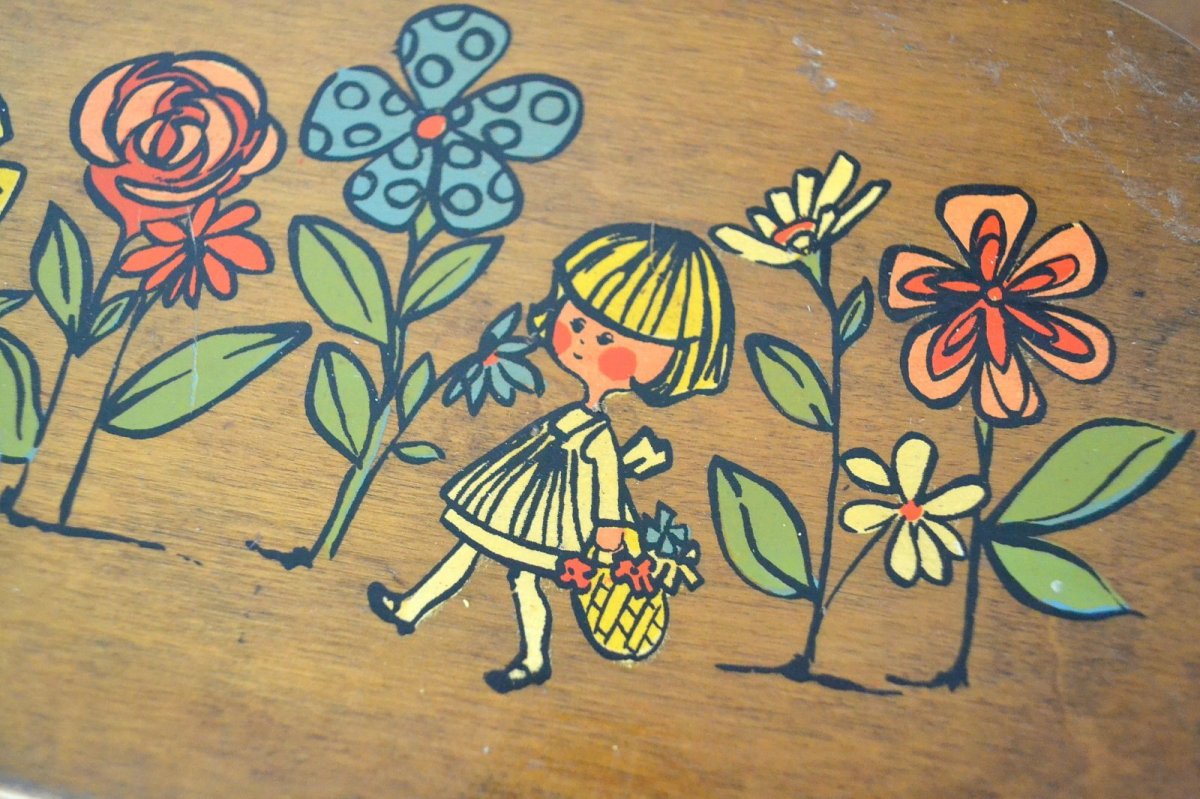 画像5: US70sカロナンバスケット レトロフラワー＆少女 (5)