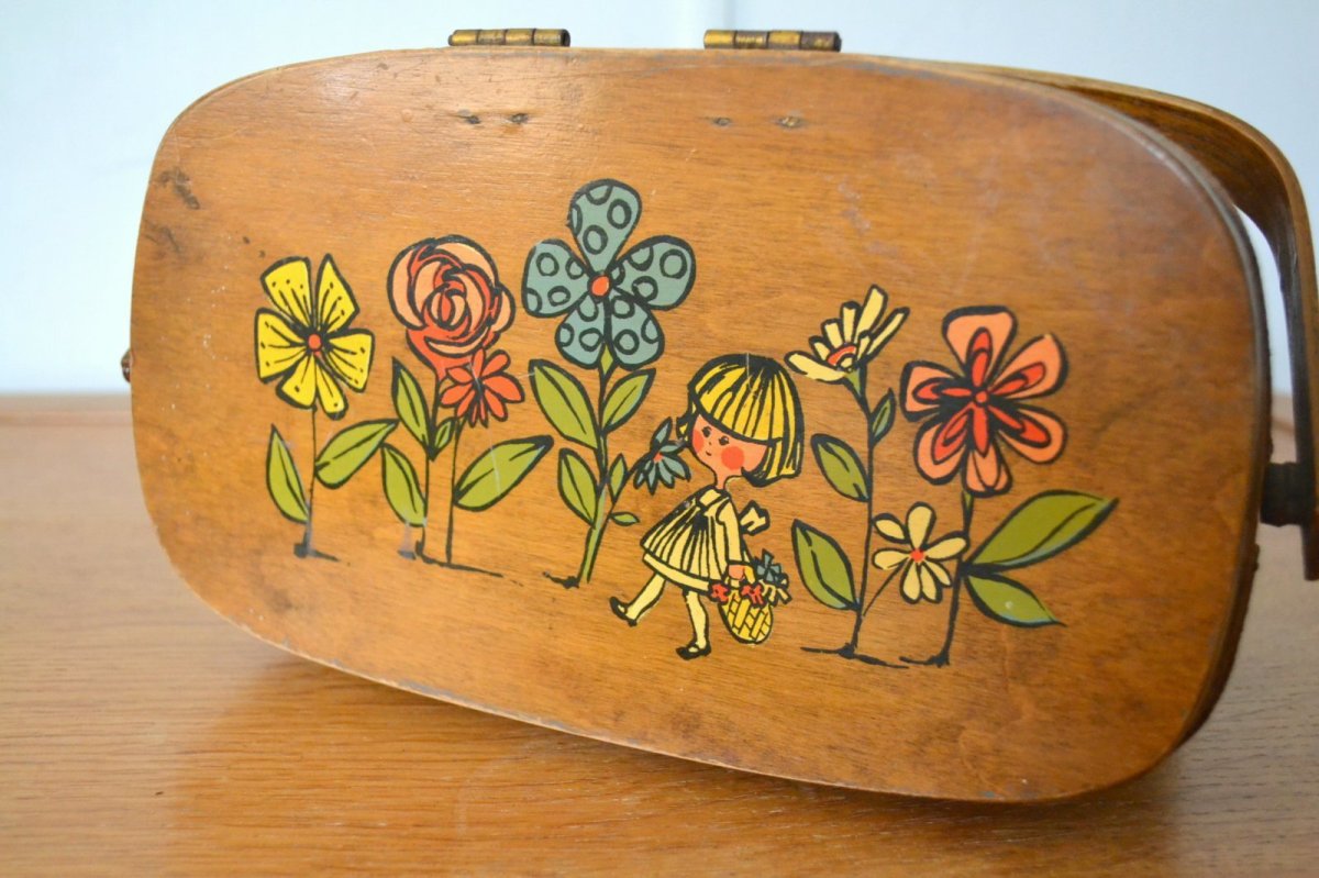 画像10: US70sカロナンバスケット レトロフラワー＆少女 (10)